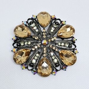 Vintage Gold and Black Brooch with Beautiful Rhinestones